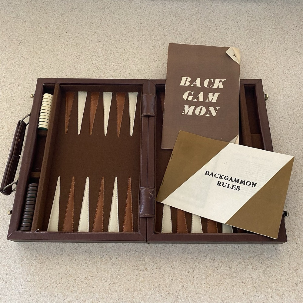 Vintage Backgammon Set in Brown Faux Leather Folding Case